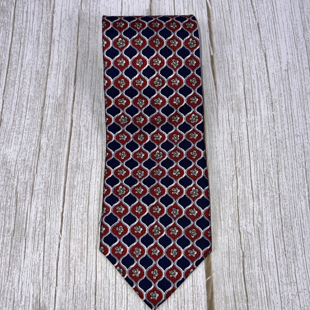 Vintage Vittorio Men's 100% Silk Tie Red & Blue Geometric Flowers